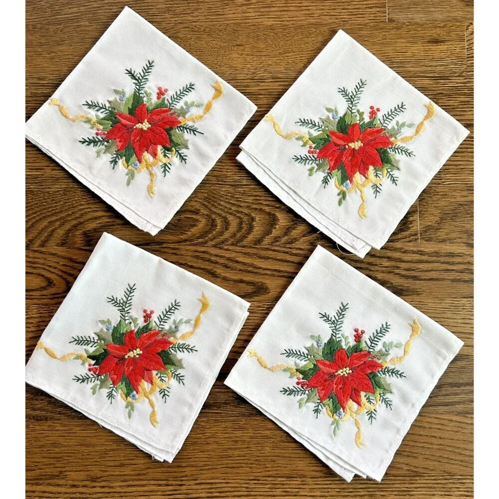 Lot of 4 Holiday Embrodered Cloth Napkins w/ Poinsetta & Gold Ribbon Design